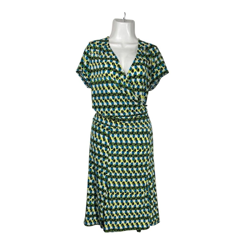 George Stretch Dress XL 16/18 Green Blue Abstract Retro Faux Wrap Short Sleeve